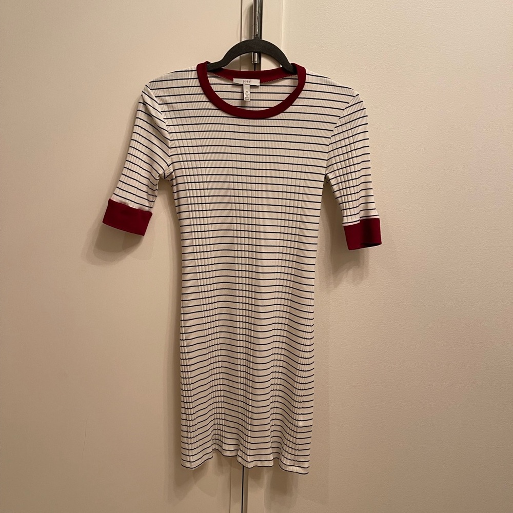 Joie Black and White Striped Knit Mini Dress with Burgundy Trim XS